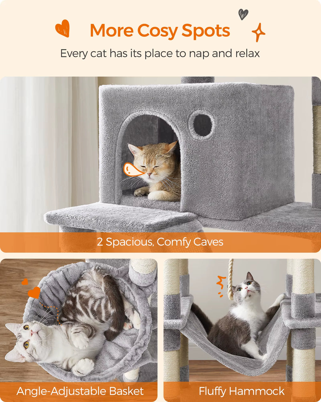 Ultimate Cat Tree Tower - 206 cm with 13 Scratching Posts, 2 Platforms, 2 Cozy Kennels, Basket, Hammock & Pompoms for Endless Playtime