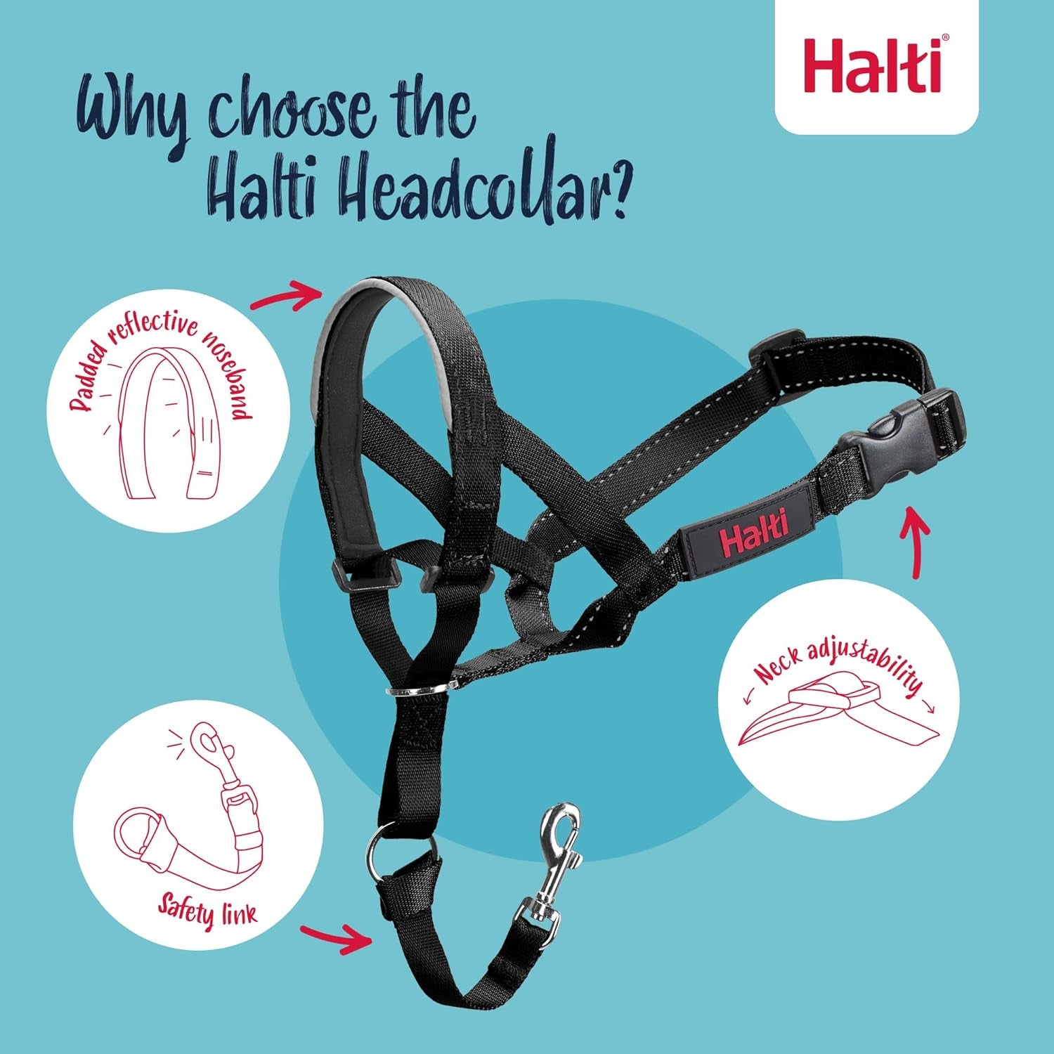 HALTI Headcollar Size 3 Black, UK Bestselling Harness to Stop Pulling on the Lead, Easy to Use, Padded Nose Band, Adjustable & Reflective, Professional Anti-Pull Training Aid for Medium Dogs