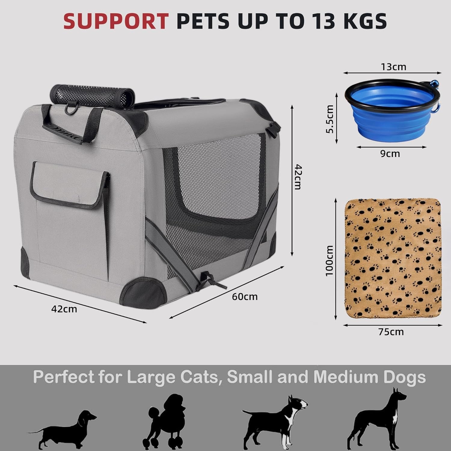 Large Cat Carrier for 2 Cats Small Medium Dogs, Soft Pet Carrier 60X42X42Cm for Traveling with Warm Blanket Foldable Bowl and Washable Pad