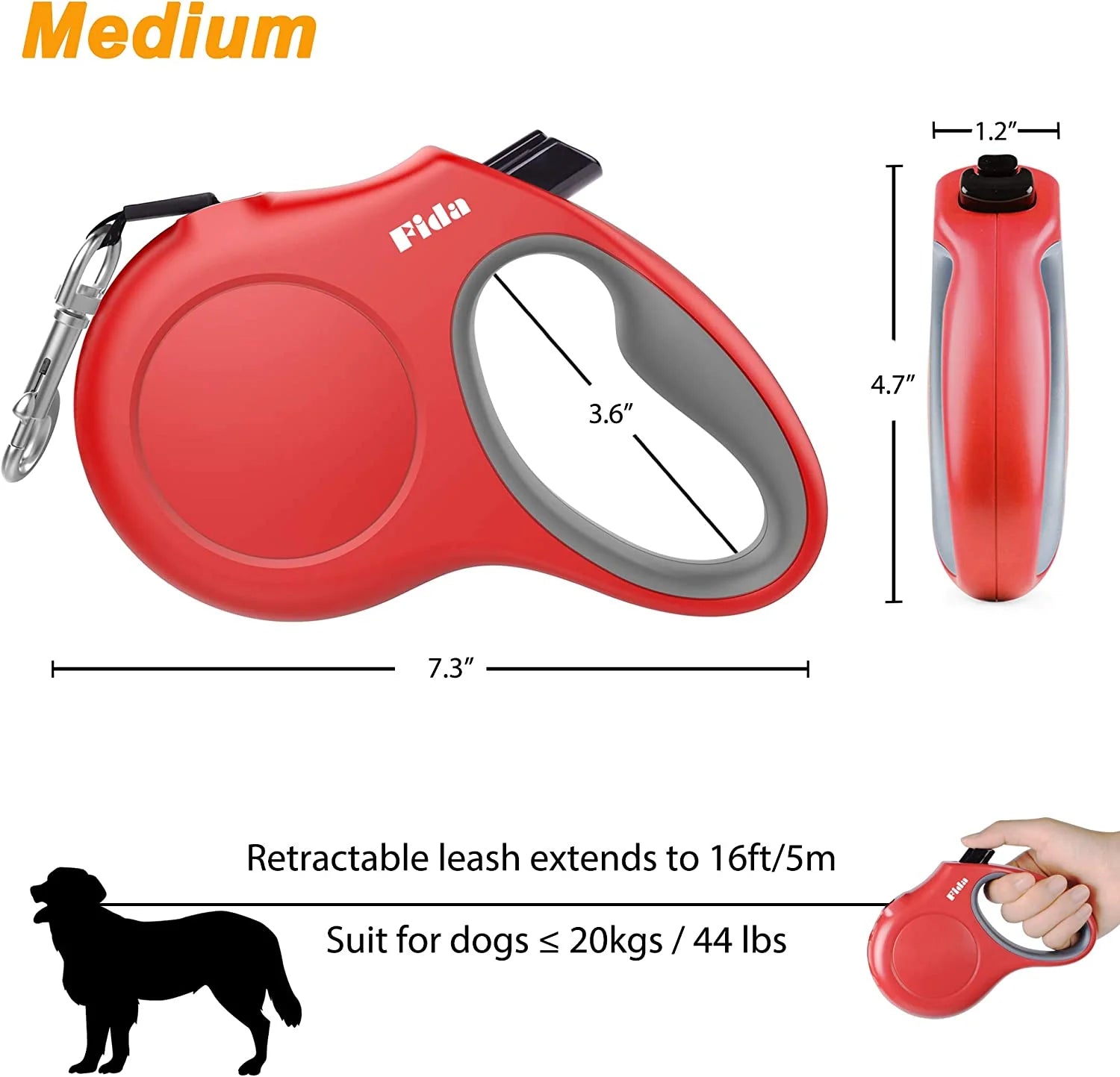 Retractable 16 Ft Dog Leash with Poop Bag Dispenser - Ideal for Medium Dogs and Cats up to 44 Lbs, Featuring Anti-Slip Handle and Tangle-Free Reflective Nylon Tape