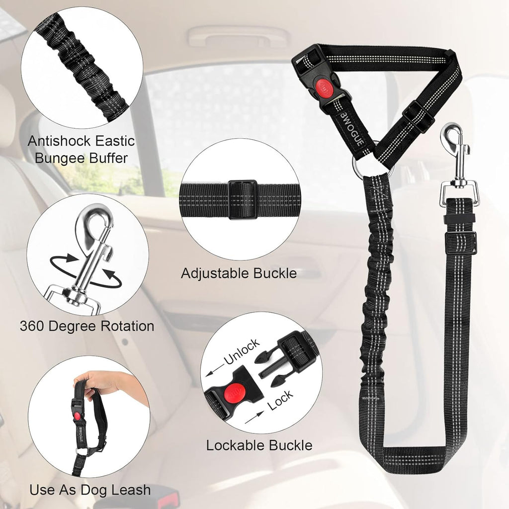 Secure Your Pet with Style: Adjustable 2-Pack Dog & Cat Safety Seat Belt Straps for Car Travel - Durable Black Elastic Bungee Harness