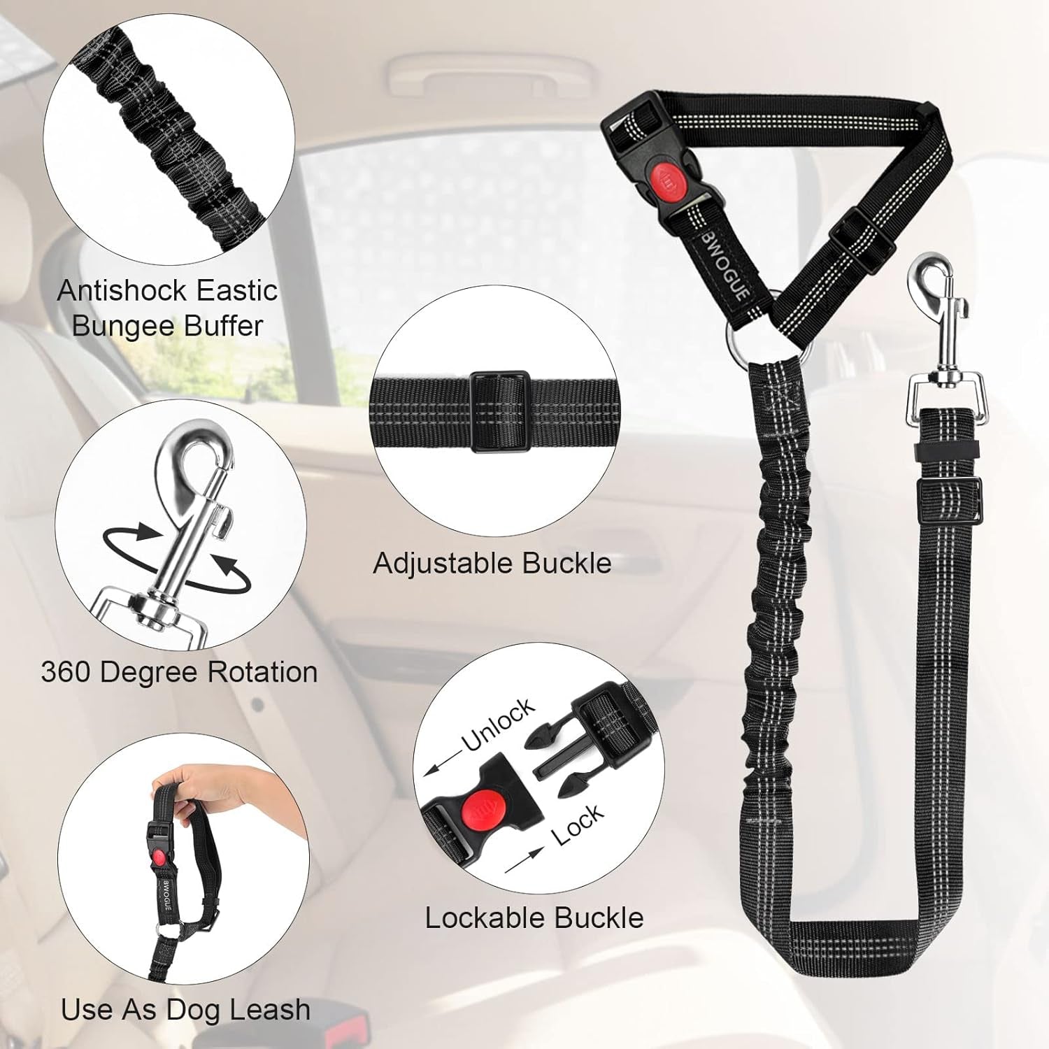 Secure Your Pet with Style: Adjustable 2-Pack Dog & Cat Safety Seat Belt Straps for Car Travel - Durable Black Elastic Bungee Harness