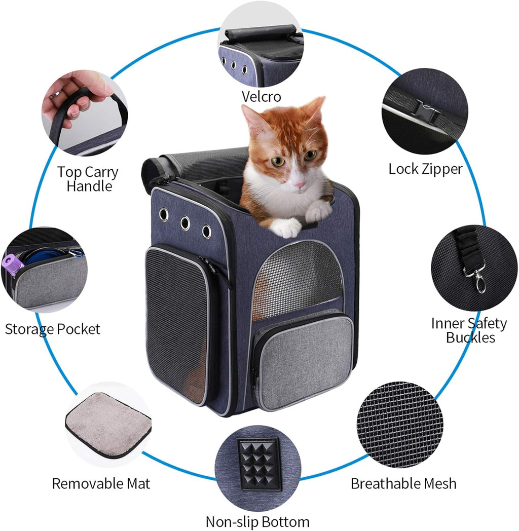 ® Cat Carrier Backpack, Foldable Pet Backpack Carrier for Cats and Small Dogs, Breathable Dog Carrier Backpack with Inner Safety Leash + Folding Dog Bowl Ideal for Hiking Traveling Outdoor Use