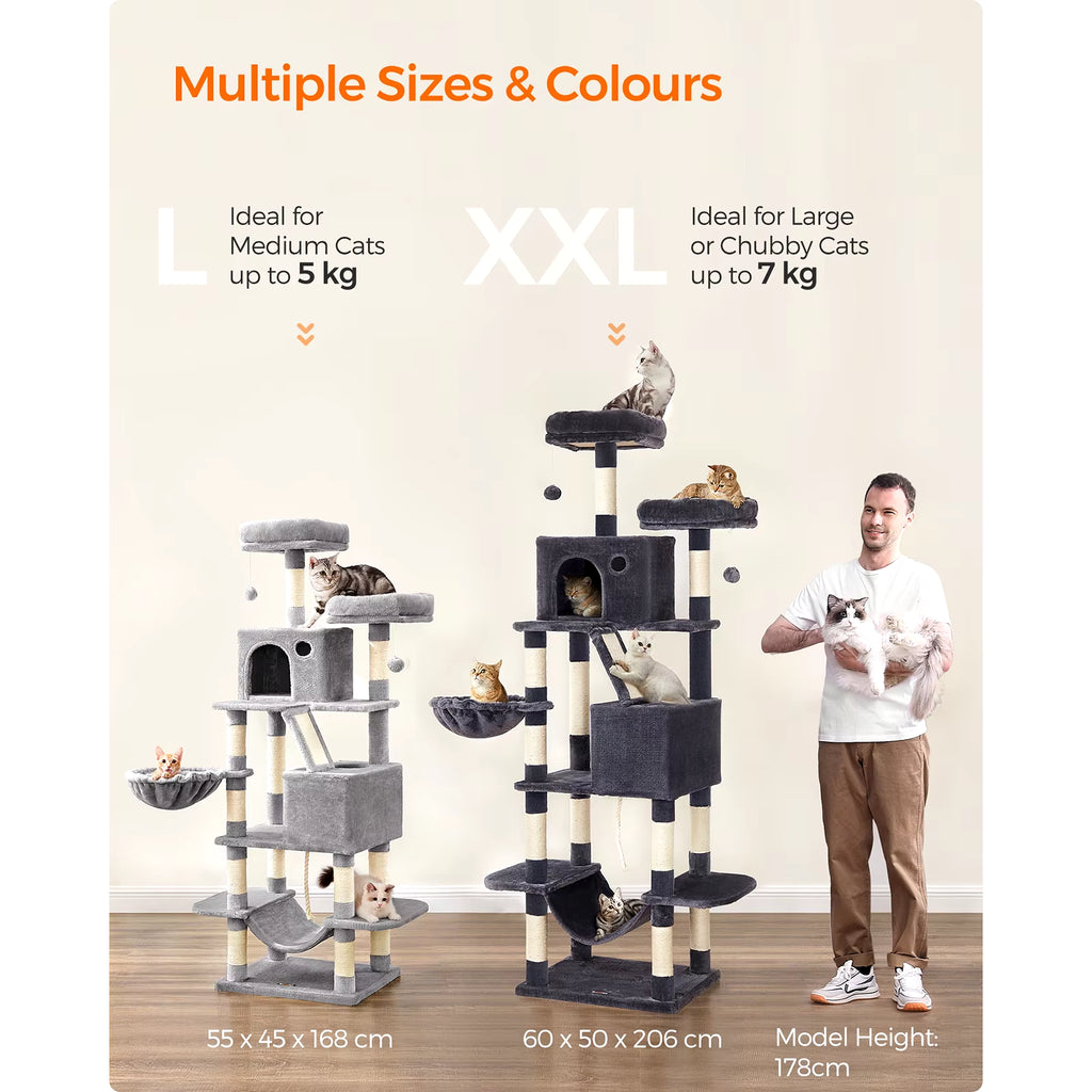 Ultimate Cat Tree Tower - 206 cm with 13 Scratching Posts, 2 Platforms, 2 Cozy Kennels, Basket, Hammock & Pompoms for Endless Playtime