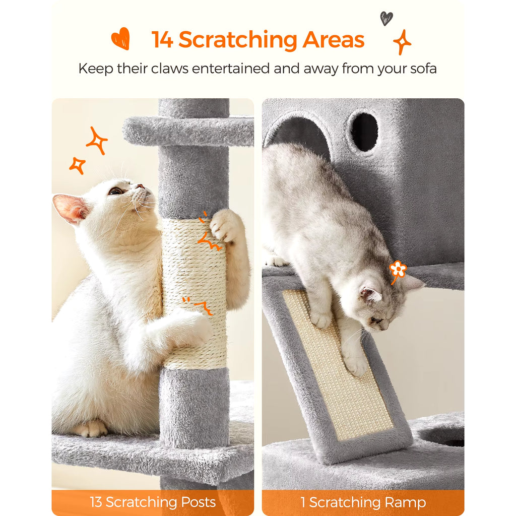 Ultimate Cat Tree Tower - 206 cm with 13 Scratching Posts, 2 Platforms, 2 Cozy Kennels, Basket, Hammock & Pompoms for Endless Playtime