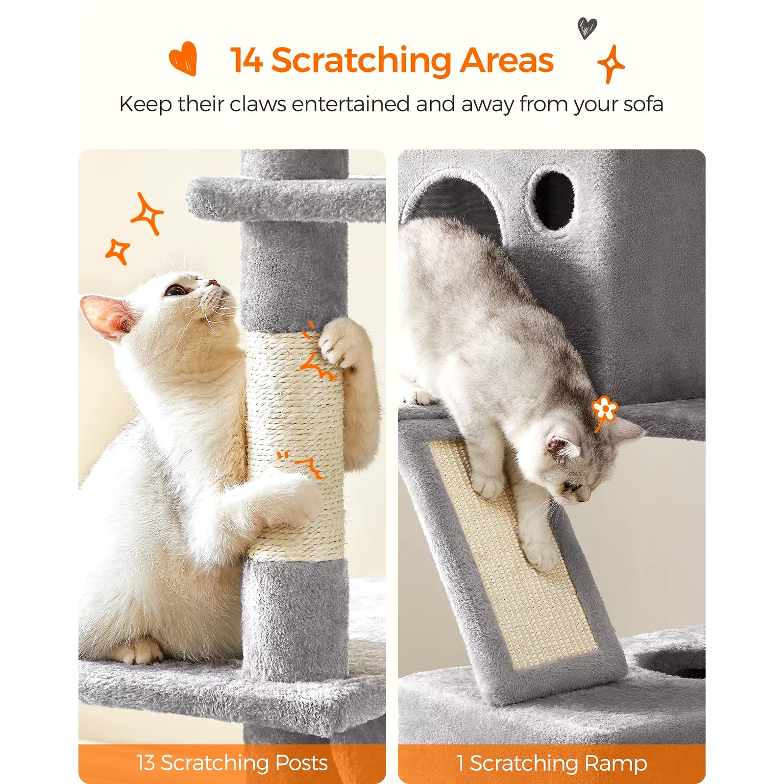 Ultimate Cat Tree Tower - 206 cm with 13 Scratching Posts, 2 Platforms, 2 Cozy Kennels, Basket, Hammock & Pompoms for Endless Playtime