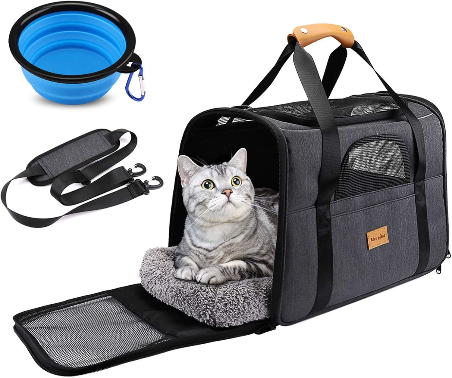 Ultimate Grey Cat Carrier: Portable Soft-Sided Travel Bag for Cats and Small Dogs - Airline Approved with Shoulder Strap, Removable Mat, and Folding Pet Bowl