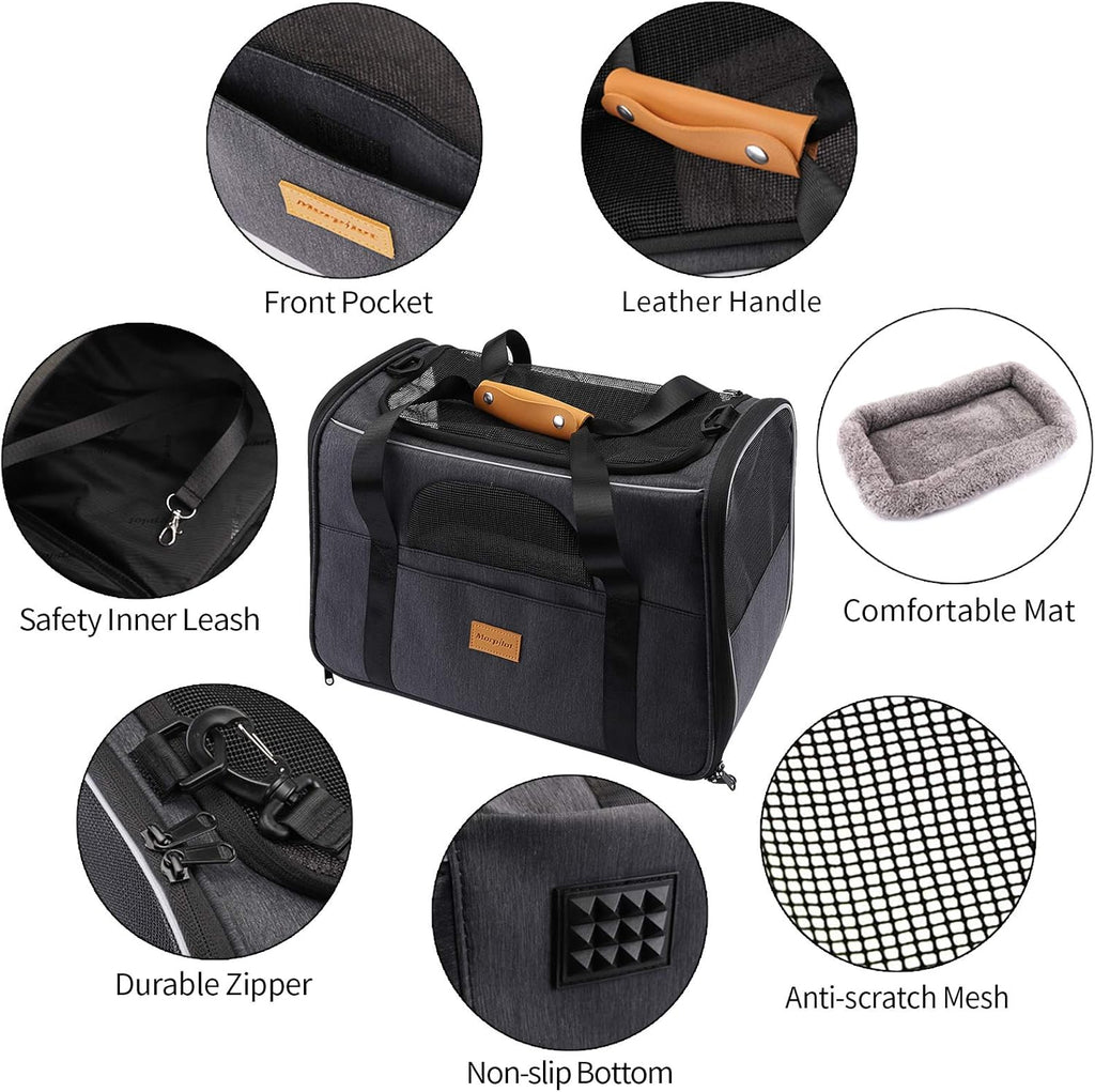 Ultimate Grey Cat Carrier: Portable Soft-Sided Travel Bag for Cats and Small Dogs - Airline Approved with Shoulder Strap, Removable Mat, and Folding Pet Bowl