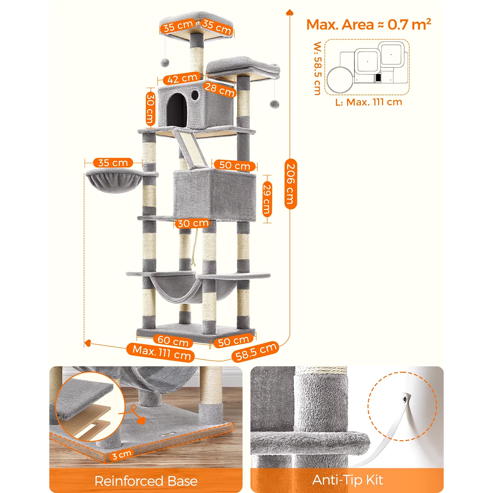 Ultimate Cat Tree Tower - 206 cm with 13 Scratching Posts, 2 Platforms, 2 Cozy Kennels, Basket, Hammock & Pompoms for Endless Playtime